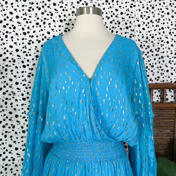 Lilly Pulitzer | Heline Turquoise Blue Gold Polka Dot Ruffle Plus Size Dress 16 - Picture 3 of 13